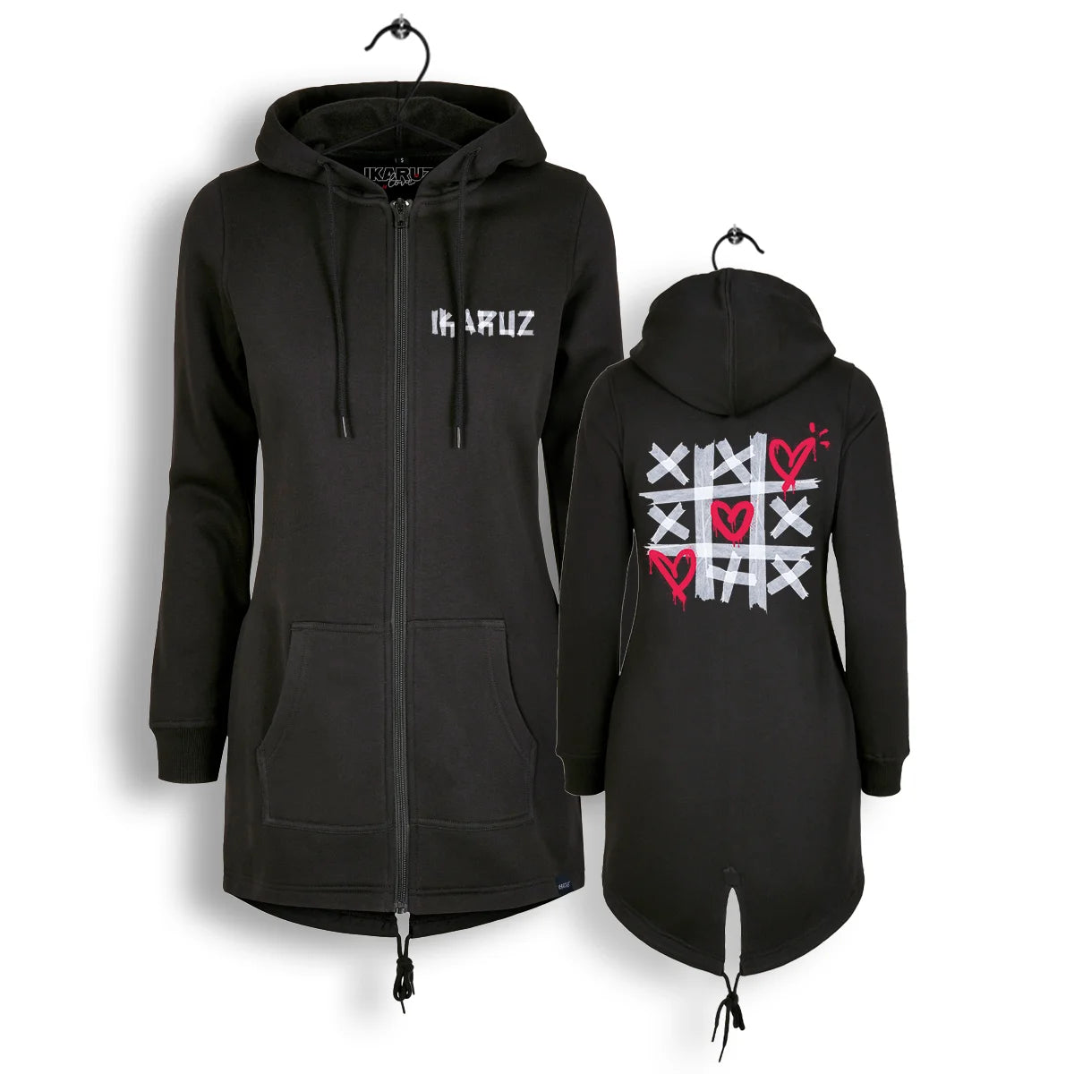 Ikrz | XXX | Zip Hoody-Kleid in Schwarz, Vorderansicht mit Ikaruz-Logo und Kängurutasche.