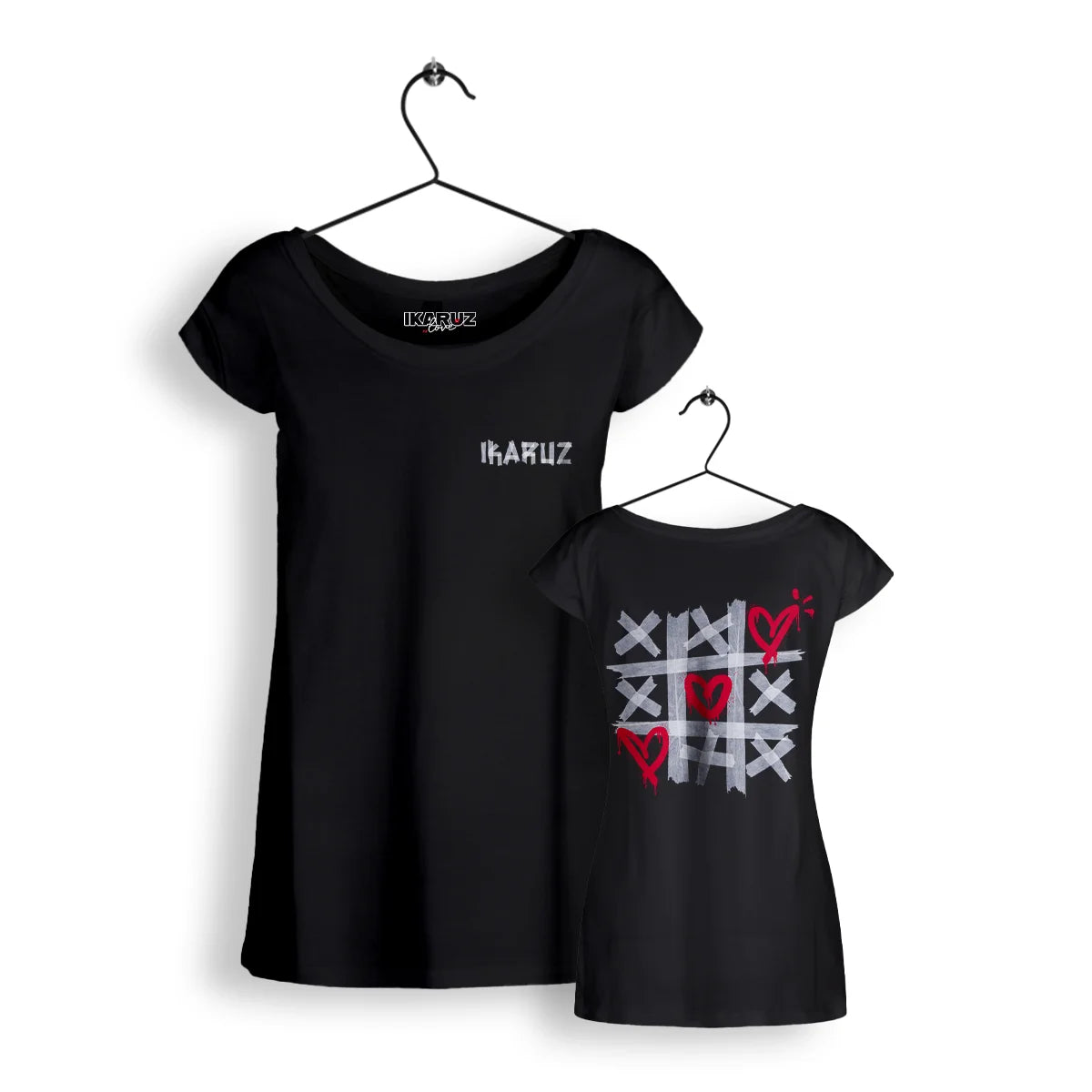 IKARUZ® Shirt Women im Love Design, Vorderansicht mit dezentem Druck auf der Brust und großem Rückenprint. Hochwertiges schwarzes Material mit Ikaruz® Badge.