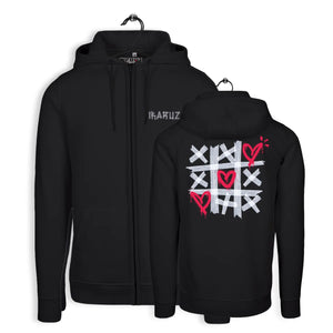 IKARUZ® Premium XXX Zip Hoody in Schwarz mit Love Design, frontansicht, hoher Tragekomfort, unisex, Logodruck auf der Brust.