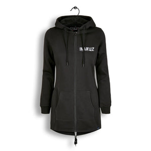 Ikrz | XXX | Zip Hoody-Kleid in Schwarz, Vorderansicht mit hohem Kragen und Kängurutasche.