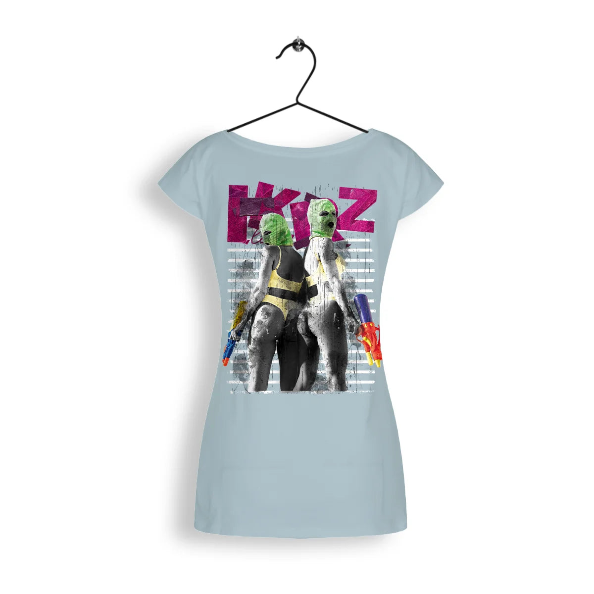 Ikrz Love Gun Shirt Women in mintgrün, mit auffälligem Rückenprint von Figuren mit Spielzeugpistolen. Stylisch und bequem für jeden Anlass.