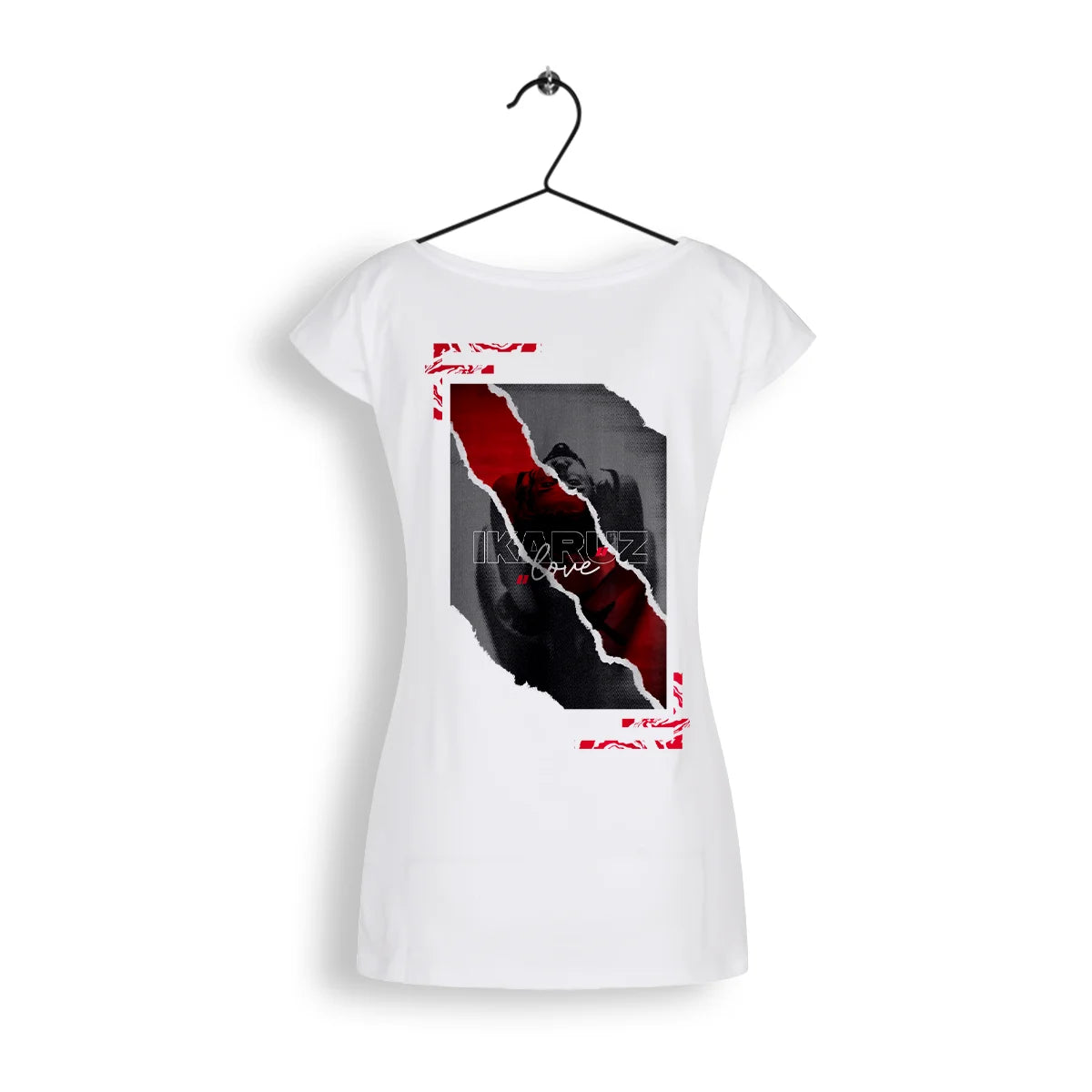 Ikrz Love Ball Shirt Women - Rückansicht des Shirts, das einen auffälligen Druck in Rot auf grauem Hintergrund zeigt.