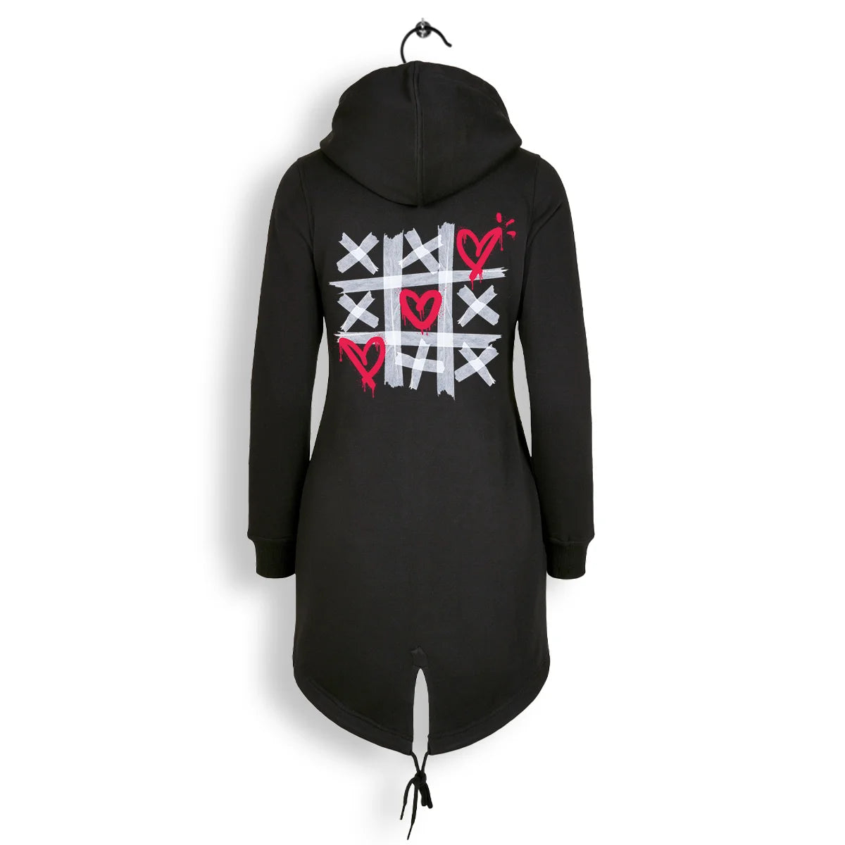 Ikrz | XXX | Zip Hoody-Kleid, Rückansicht zeigt kreativen Druck mit Herzen und X-Symbolen.