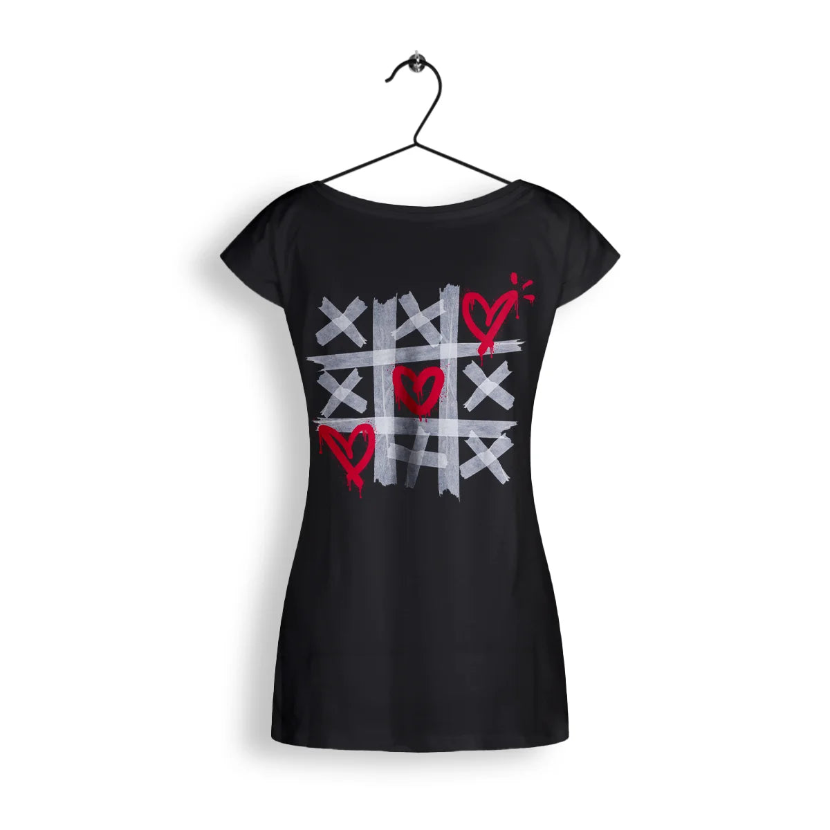 IKARUZ® Shirt Women im Love Design, Rückansicht mit auffälligem grafischem Design aus Kreuzen und Herzen in rot und silber auf schwarzem Stoff.