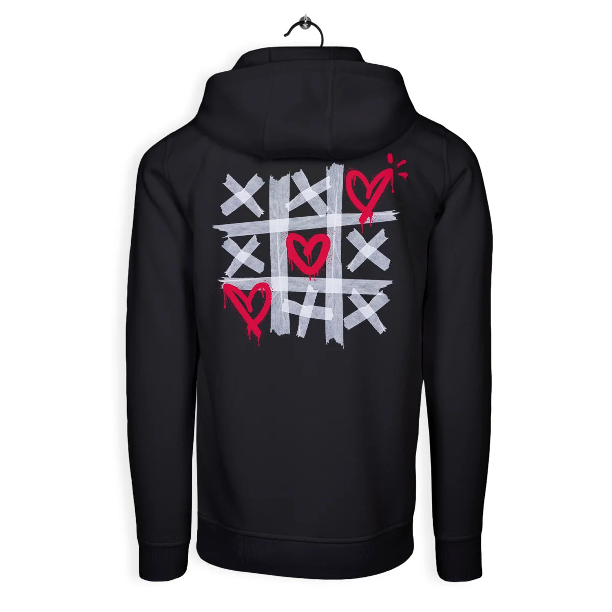 Rückansicht des IKARUZ® Premium XXX Zip Hoody in Schwarz, illustriert mit Love Design in rot und schwarz, Details von grauen Streifen, ideal für lässige Outfits.