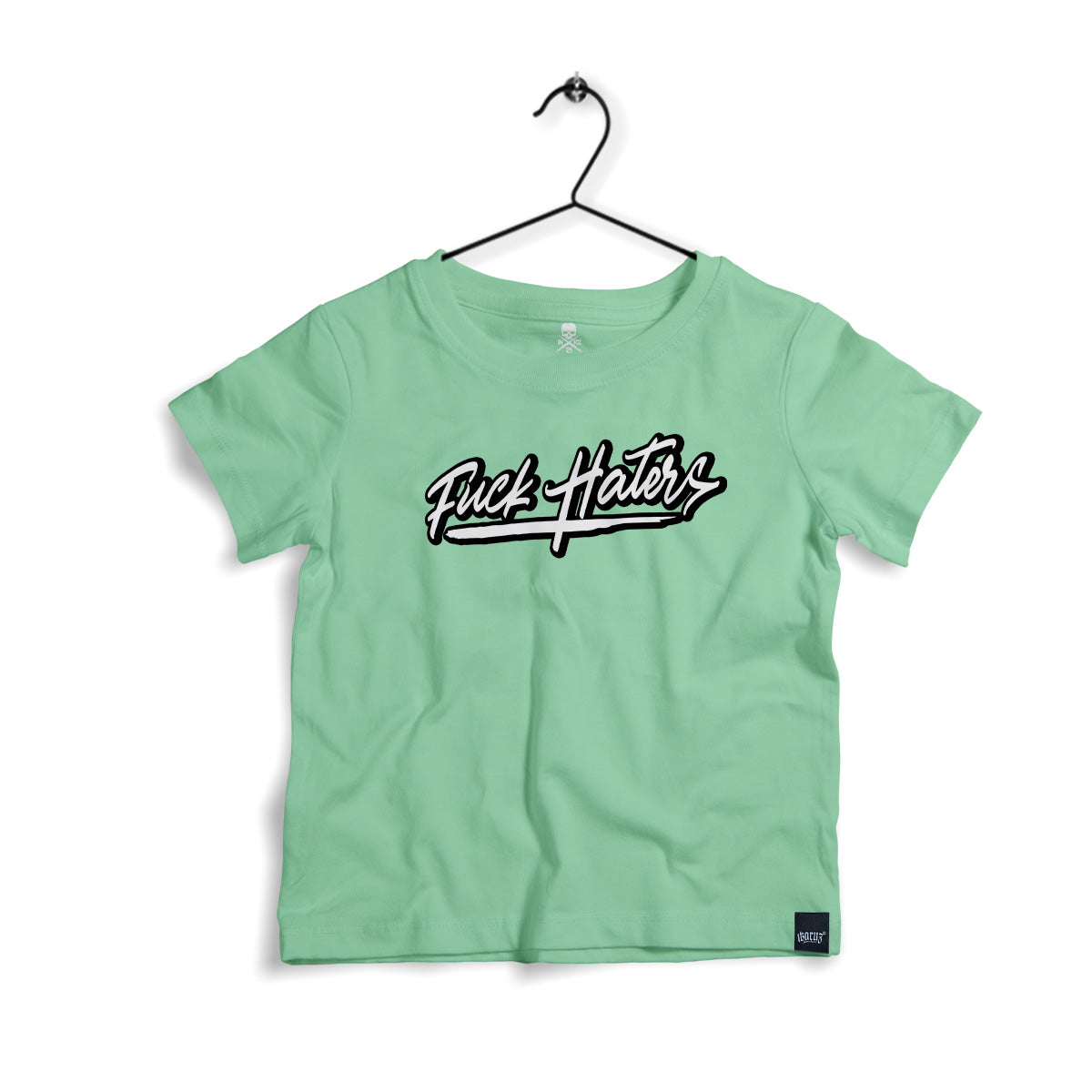 Vorderansicht des Haters Kids Shirt mint von Ikrz mit auffälligem Schriftzug ‚Fuck Haters‘ auf der Brust.