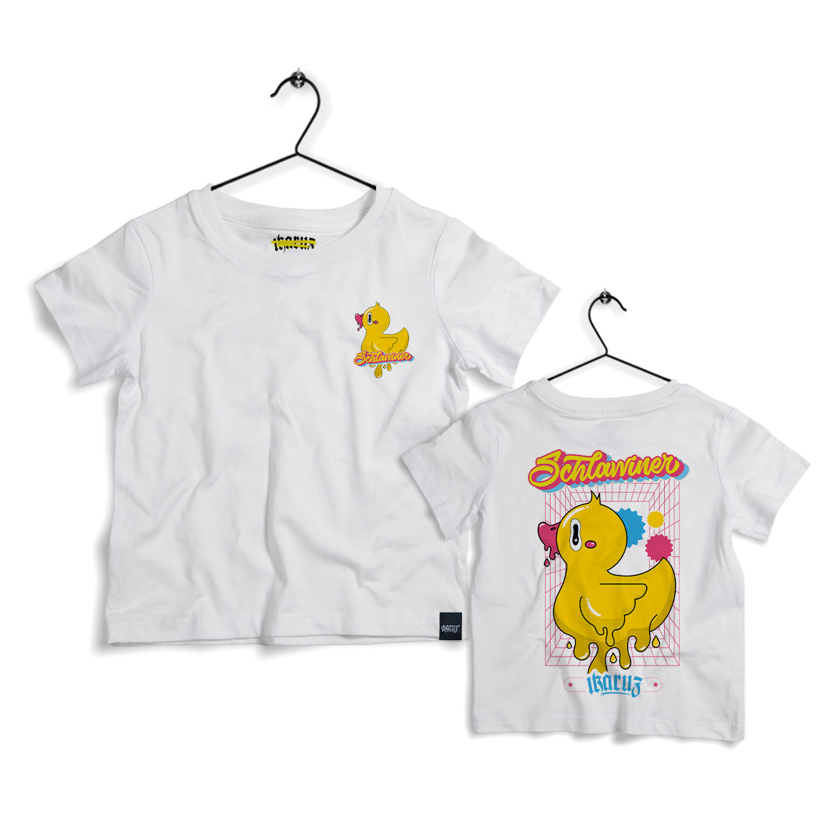 Schlawiner Kids Shirt white - Vorderansicht eines weißen Kinder-T-Shirts mit einem bunten Enten-Motiv auf der Brust.