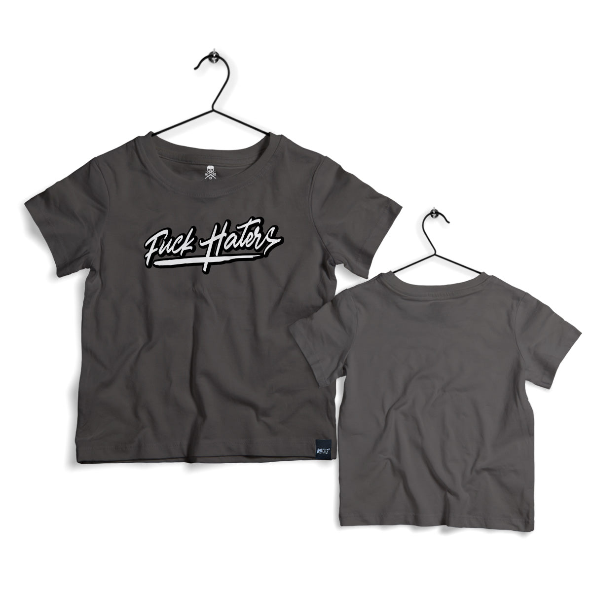 Ikrz Haters Kids Shirt grey – stylisches Kinder T-Shirt in Grau, mit auffälligem 'Fuck Haters' Aufdruck auf der Vorderseite, perfekt für Trendsetter.